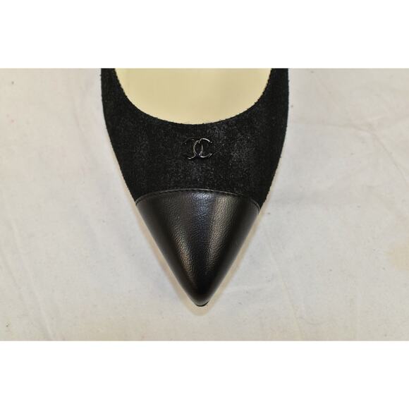 NIB CHANEL BLACK G28778 SHIMMER SUEDE CC LOGO POINTY CAP TOE CLASSIC PUMPS 37.5 - Picture 4 of 12